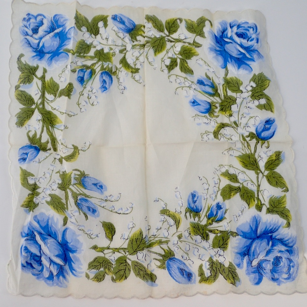 Vtg Handkerchief Embroidered White Blue Green Floral Flowers 100% Cotton 12"